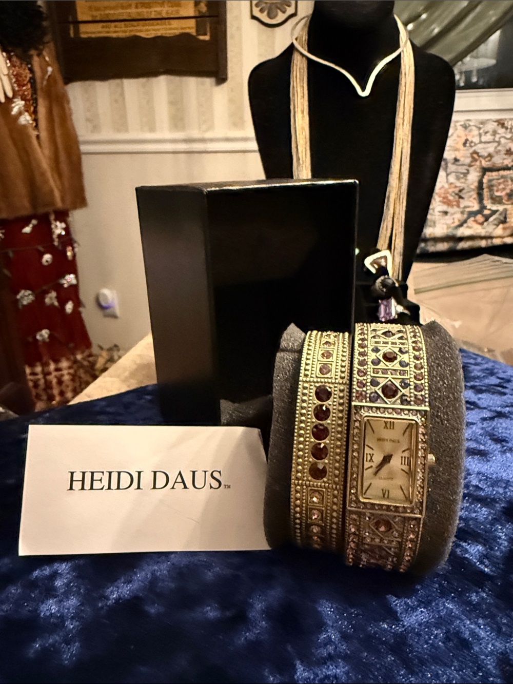 NIB Heidi Daus retired, darken, gold tone w genuine, crystal watch and bracelet